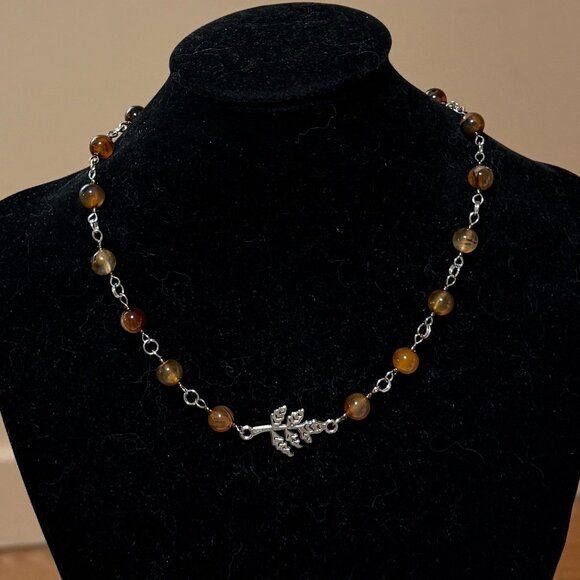 Genuine Earthy Carnelian Agate Short Necklace, Gemstone & Leaf Branch Pendant - Picture 3 of 15